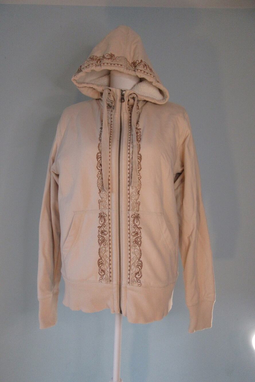 Eddie Bauer Embroidered Sherpa Lined Beige Women's Full Zip Hooded Jacket Large